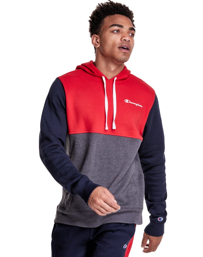 Champion Herre Hættetrøje Grå/Rød - Colorblock Fleece - Danmark YRU-174850